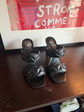 Vince Camuto Black Quilted Double-Strap Slide Heels